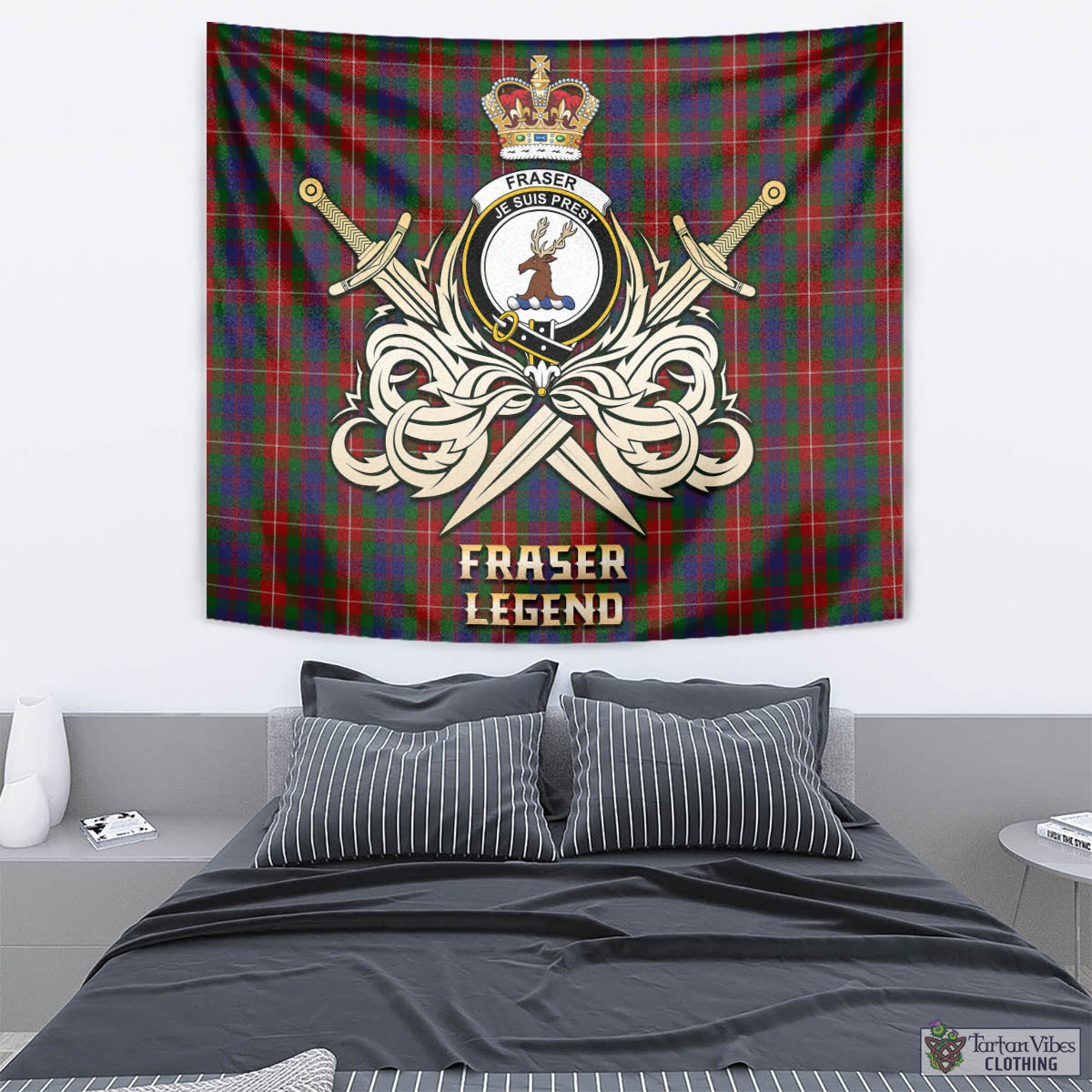 Tartan Vibes Clothing Fraser of Lovat Tartan Tapestry with Clan Crest and the Golden Sword of Courageous Legacy