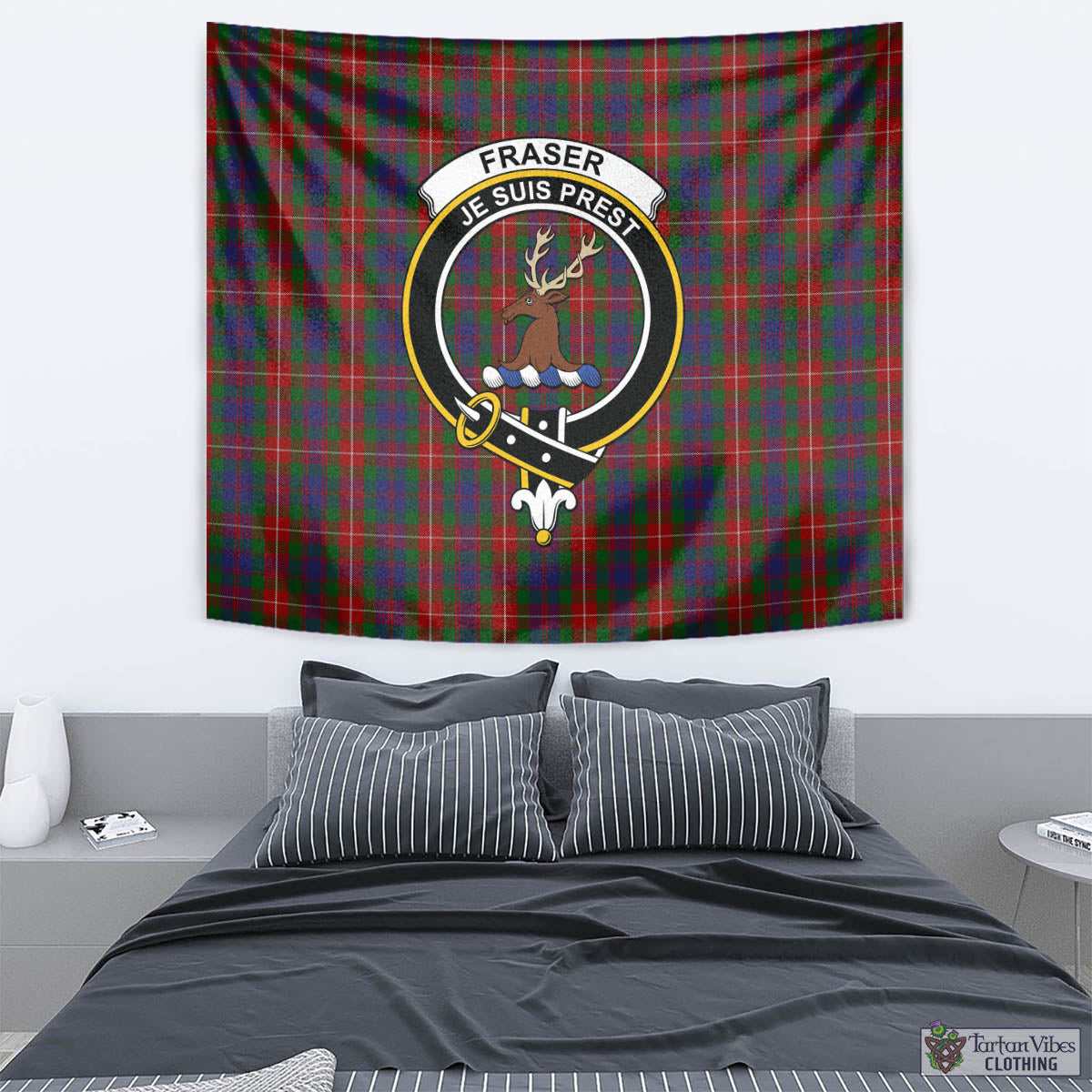 Tartan Vibes Clothing Fraser of Lovat Tartan Tapestry Wall Hanging and Home Decor for Room with Family Crest