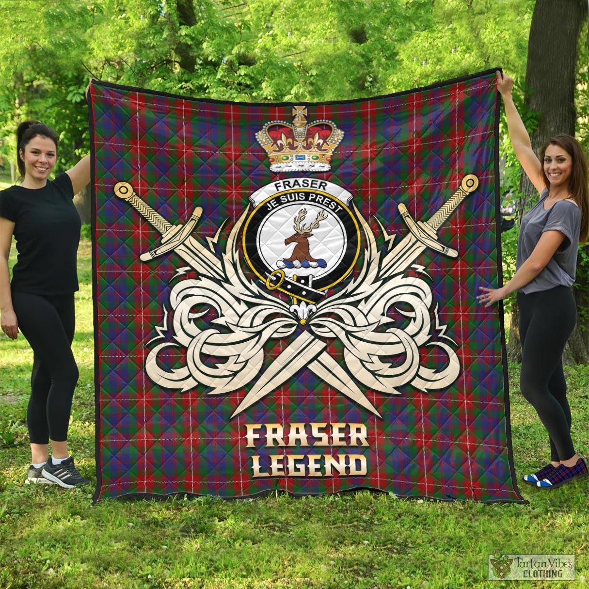 Tartan Vibes Clothing Fraser of Lovat Tartan Quilt with Clan Crest and the Golden Sword of Courageous Legacy