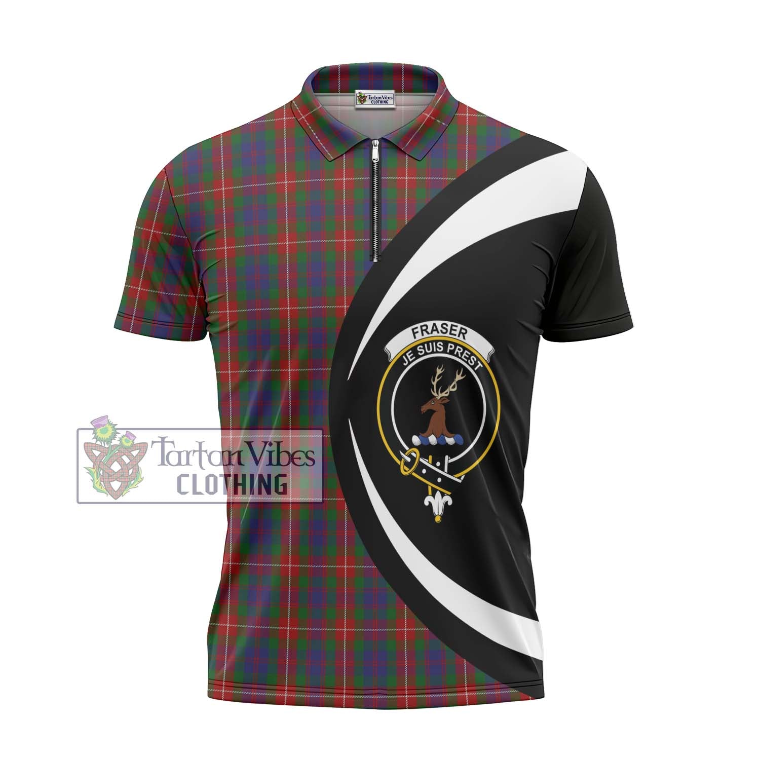 Tartan Vibes Clothing Fraser of Lovat Tartan Zipper Polo Shirt with Family Crest Circle Style