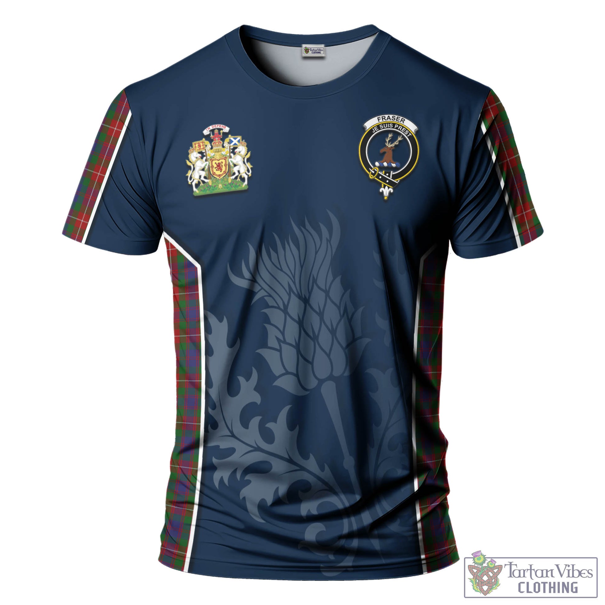 Tartan Vibes Clothing Fraser of Lovat Tartan T-Shirt with Family Crest and Scottish Thistle Vibes Sport Style