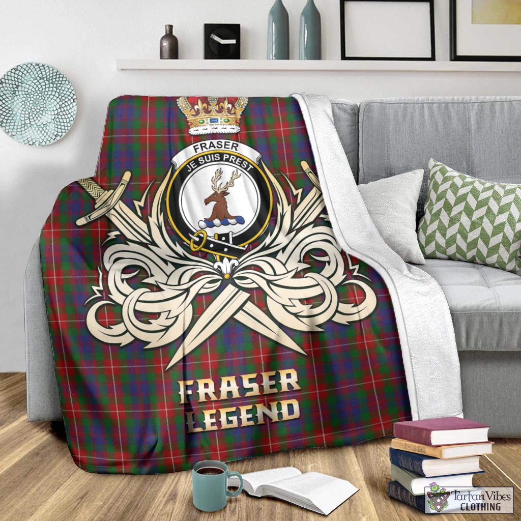 Tartan Vibes Clothing Fraser of Lovat Tartan Blanket with Clan Crest and the Golden Sword of Courageous Legacy