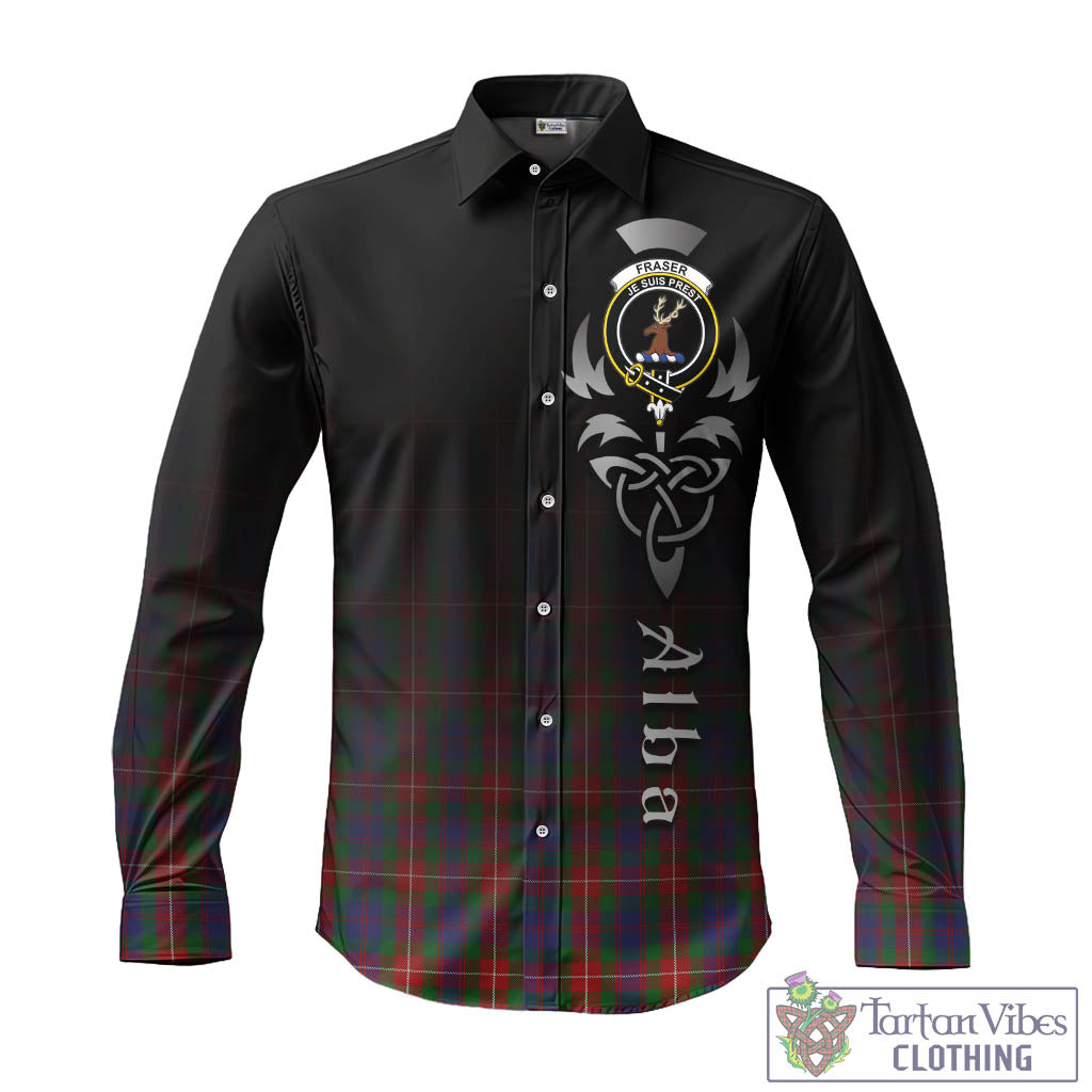 Tartan Vibes Clothing Fraser of Lovat Tartan Long Sleeve Button Up Featuring Alba Gu Brath Family Crest Celtic Inspired