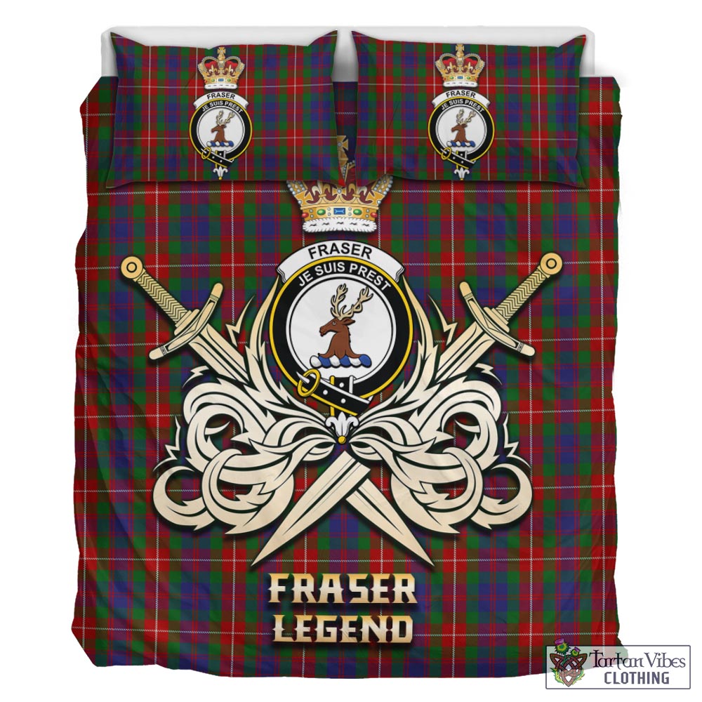 Tartan Vibes Clothing Fraser of Lovat Tartan Bedding Set with Clan Crest and the Golden Sword of Courageous Legacy