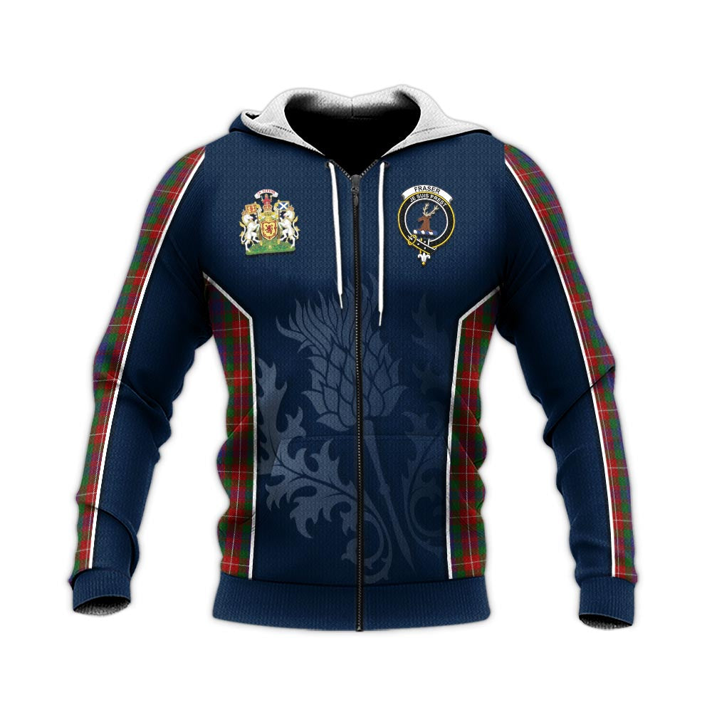 Tartan Vibes Clothing Fraser of Lovat Tartan Knitted Hoodie with Family Crest and Scottish Thistle Vibes Sport Style