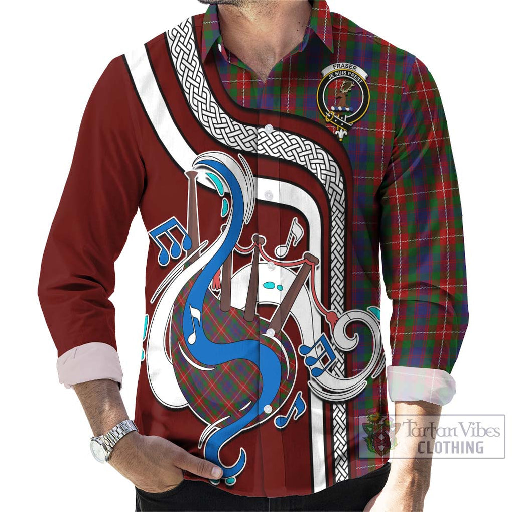 Fraser of Lovat Tartan Long Sleeve Button Shirt with Epic Bagpipe Style - Tartanvibesclothing Shop