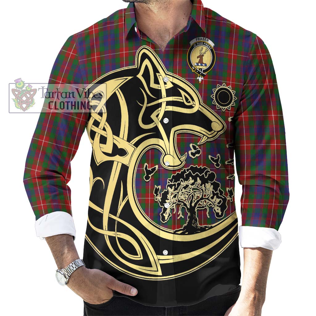 Tartan Vibes Clothing Fraser of Lovat Tartan Long Sleeve Button Shirt with Family Crest Celtic Wolf Style