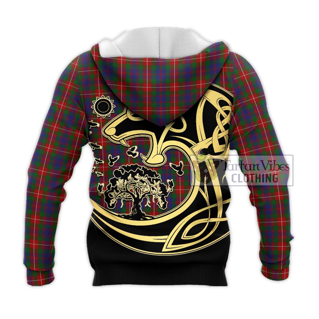 Tartan Vibes Clothing Fraser of Lovat Tartan Knitted Hoodie with Family Crest Celtic Wolf Style