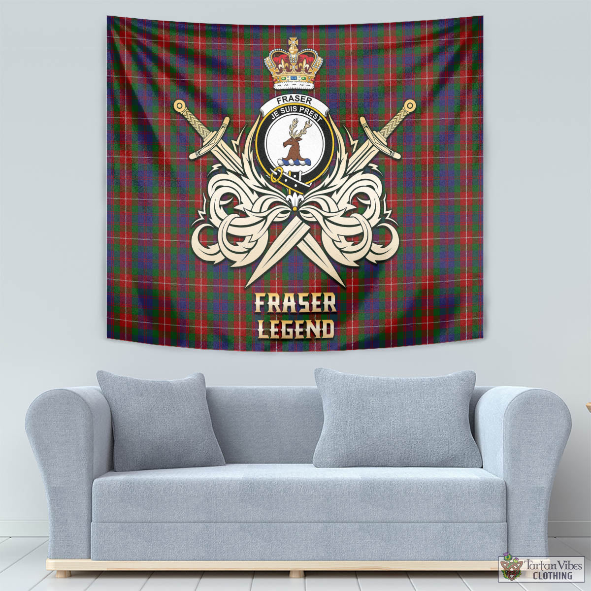 Tartan Vibes Clothing Fraser of Lovat Tartan Tapestry with Clan Crest and the Golden Sword of Courageous Legacy