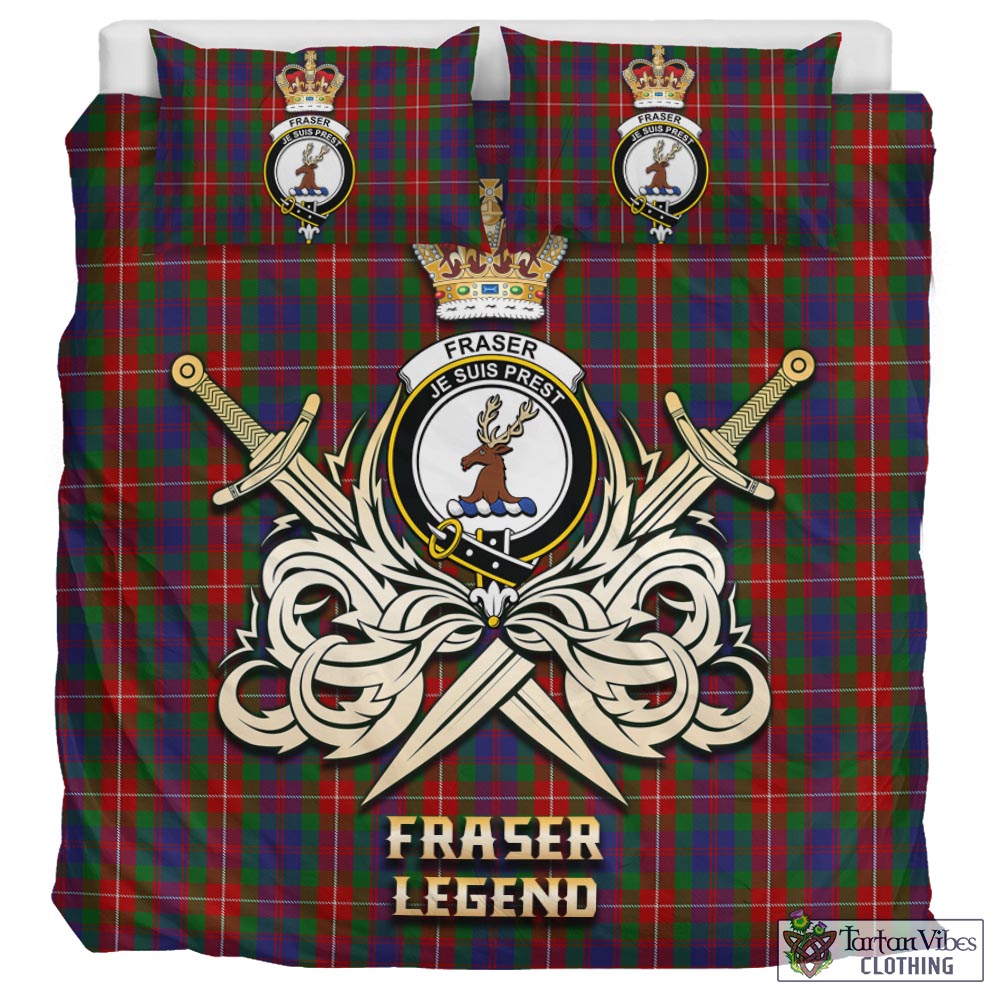 Tartan Vibes Clothing Fraser of Lovat Tartan Bedding Set with Clan Crest and the Golden Sword of Courageous Legacy