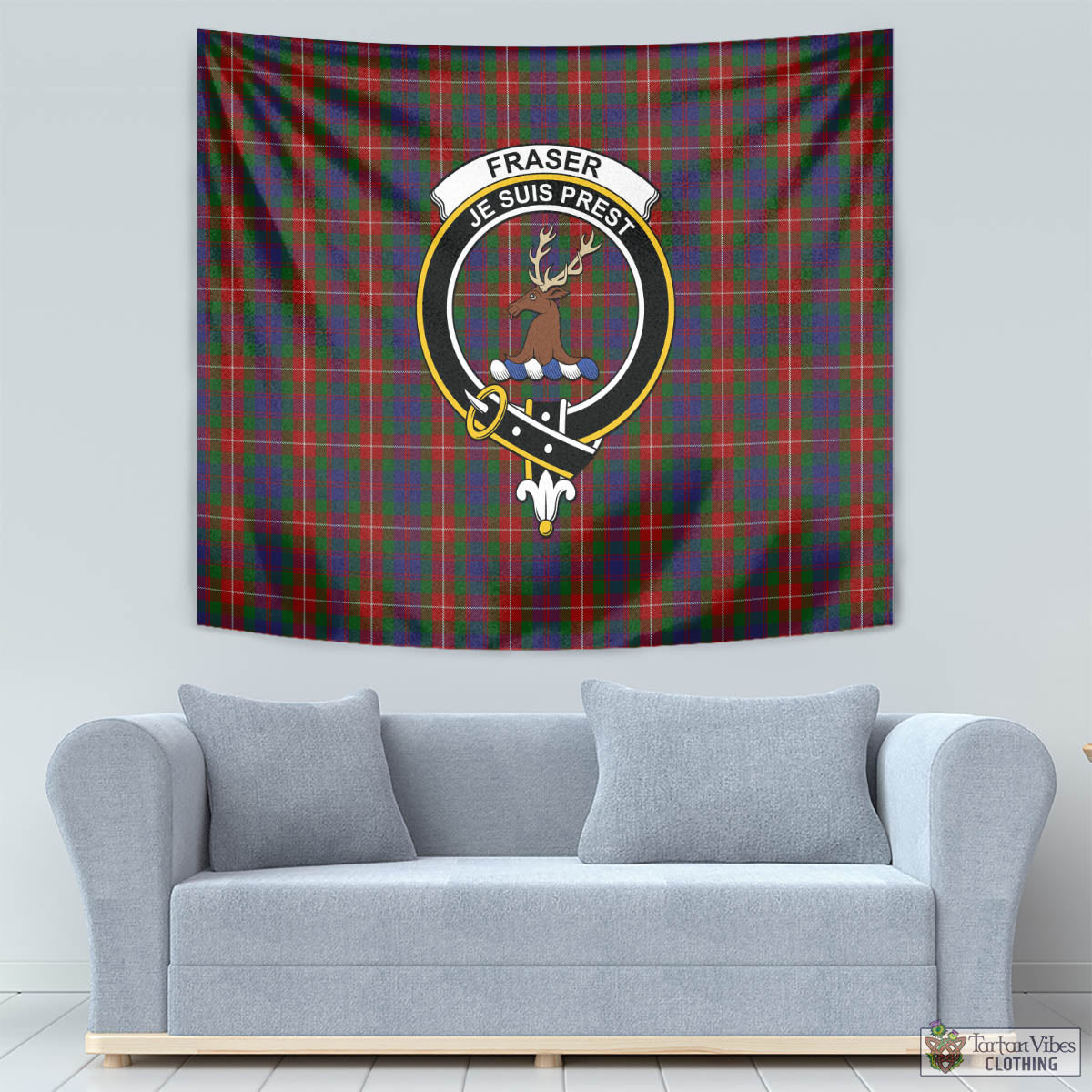 Tartan Vibes Clothing Fraser of Lovat Tartan Tapestry Wall Hanging and Home Decor for Room with Family Crest