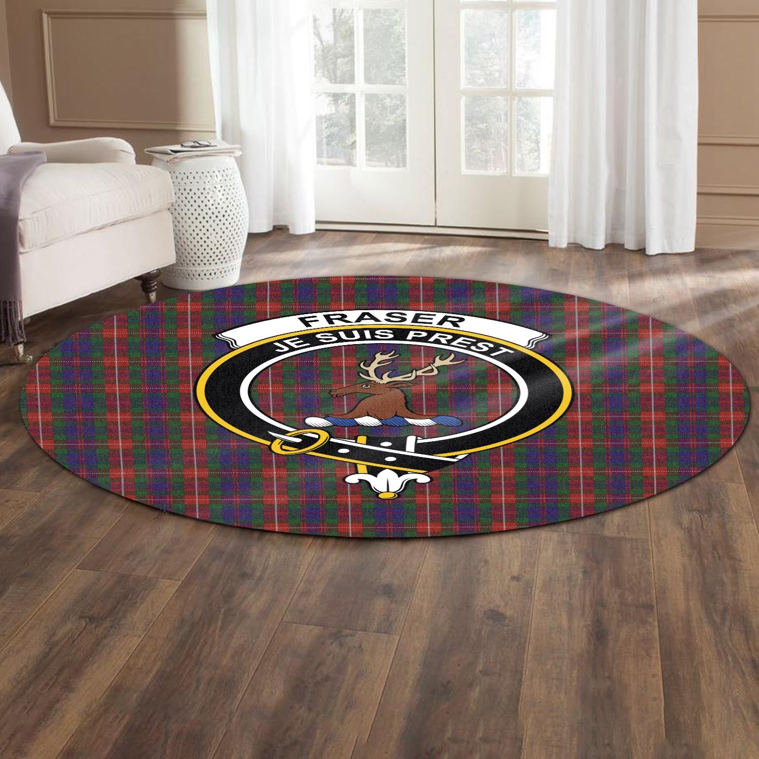 fraser-of-lovat-tartan-round-rug-with-family-crest