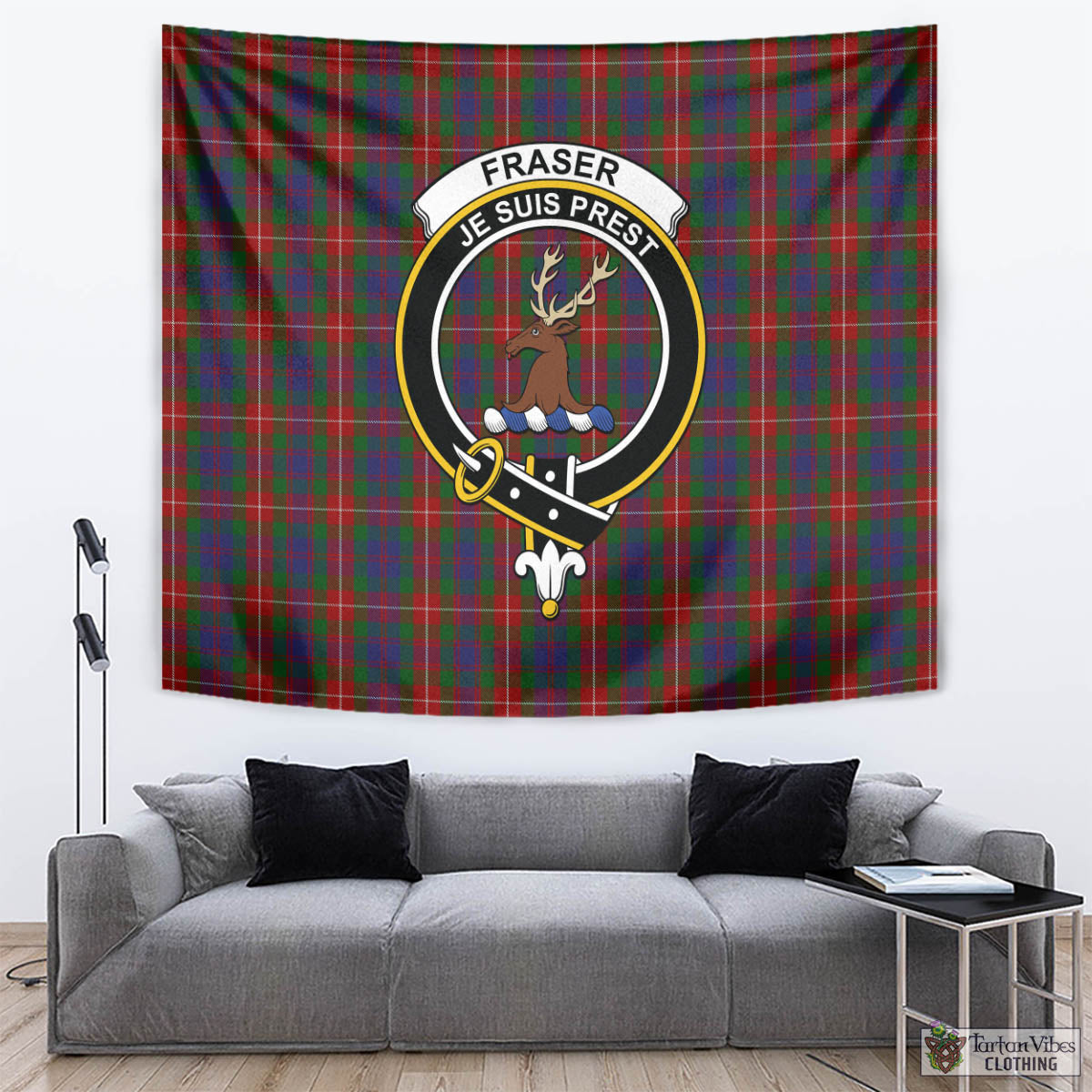 Tartan Vibes Clothing Fraser of Lovat Tartan Tapestry Wall Hanging and Home Decor for Room with Family Crest