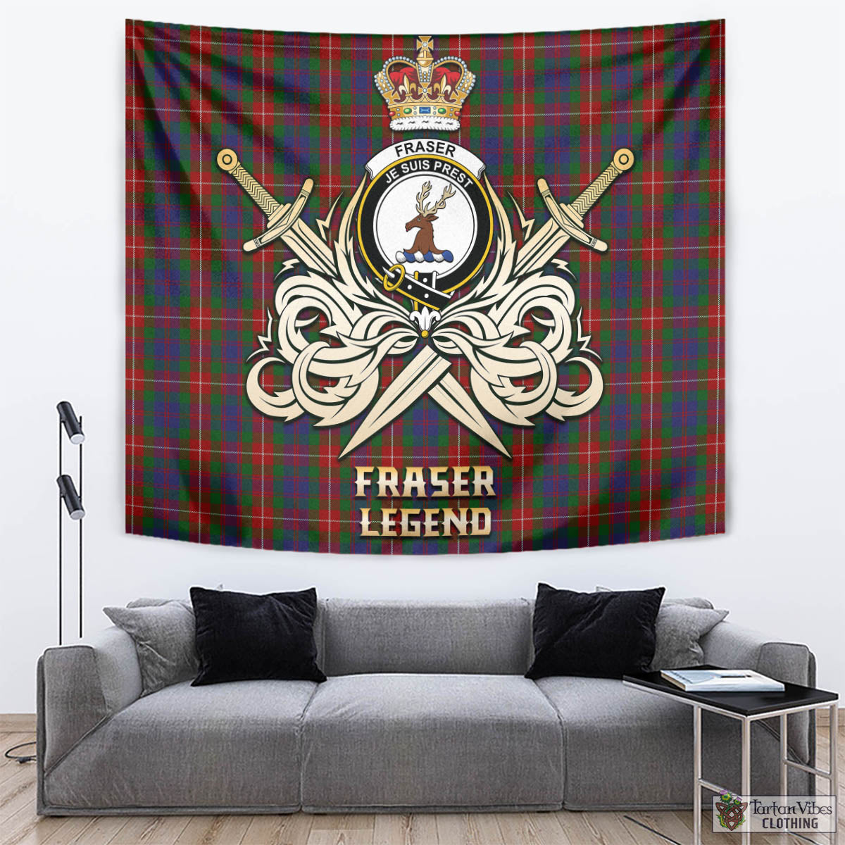 Tartan Vibes Clothing Fraser of Lovat Tartan Tapestry with Clan Crest and the Golden Sword of Courageous Legacy