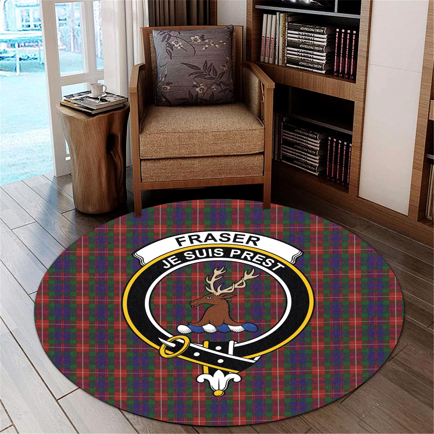 fraser-of-lovat-tartan-round-rug-with-family-crest