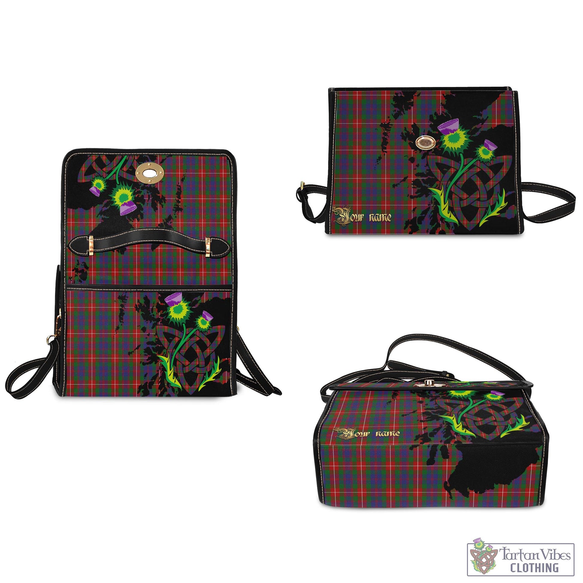 Tartan Vibes Clothing Fraser of Lovat Tartan Waterproof Canvas Bag with Scotland Map and Thistle Celtic Accents