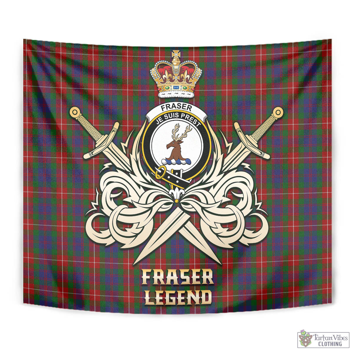 Tartan Vibes Clothing Fraser of Lovat Tartan Tapestry with Clan Crest and the Golden Sword of Courageous Legacy