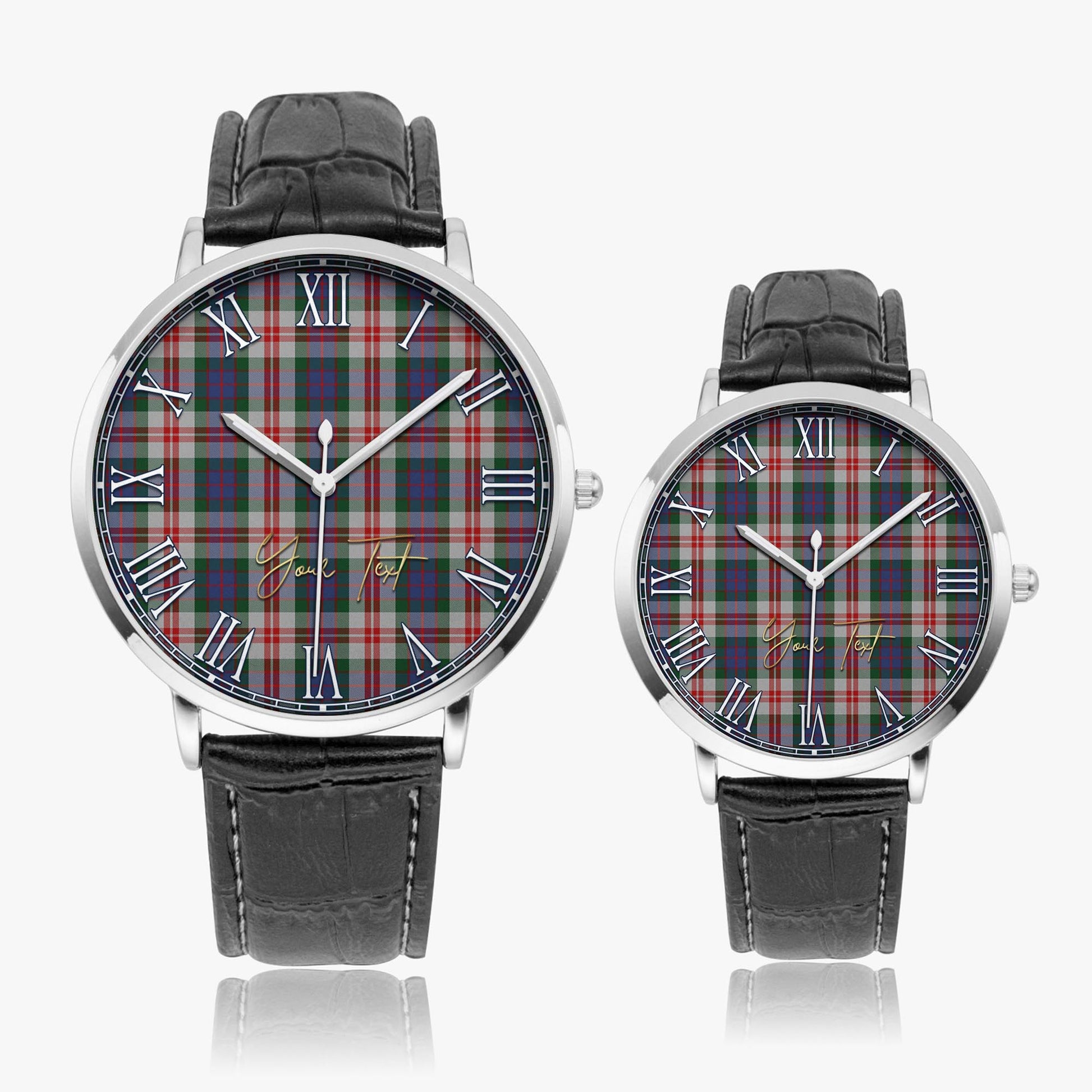 Fraser Red Dress Tartan Personalized Your Text Leather Trap Quartz Watch Ultra Thin Silver Case With Black Leather Strap - Tartanvibesclothing