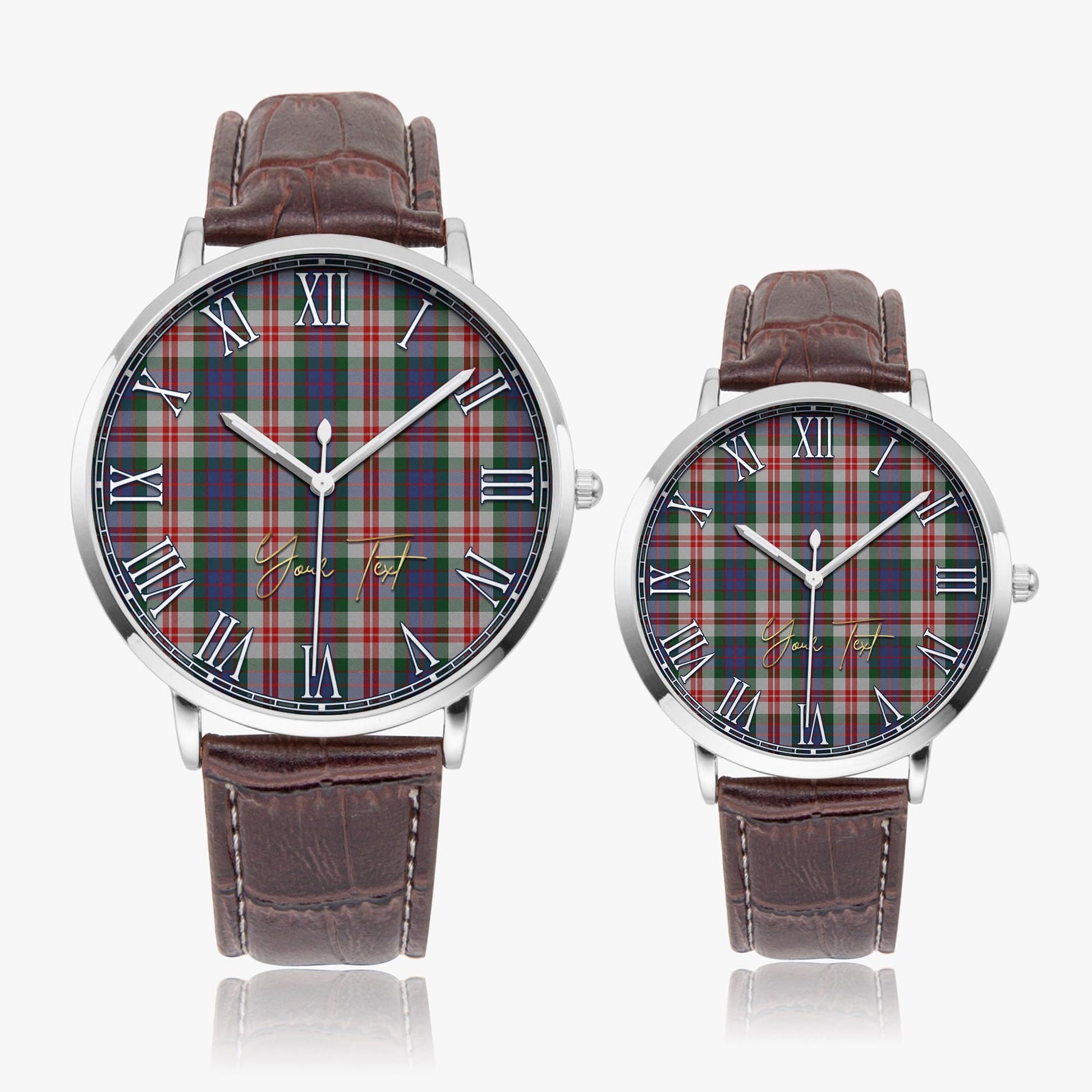 Fraser Red Dress Tartan Personalized Your Text Leather Trap Quartz Watch Ultra Thin Silver Case With Brown Leather Strap - Tartanvibesclothing