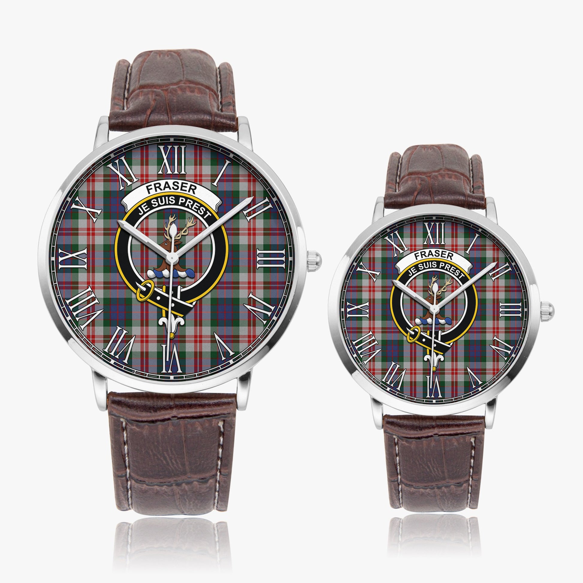 Fraser Red Dress Tartan Family Crest Leather Strap Quartz Watch - Tartanvibesclothing