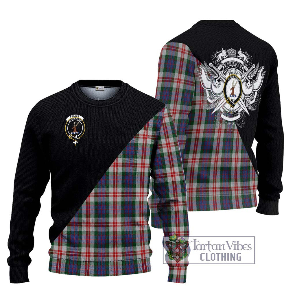 Fraser Red Dress Tartan Knitted Sweater with Family Crest and Military Logo Style Unisex - Tartanvibesclothing Shop