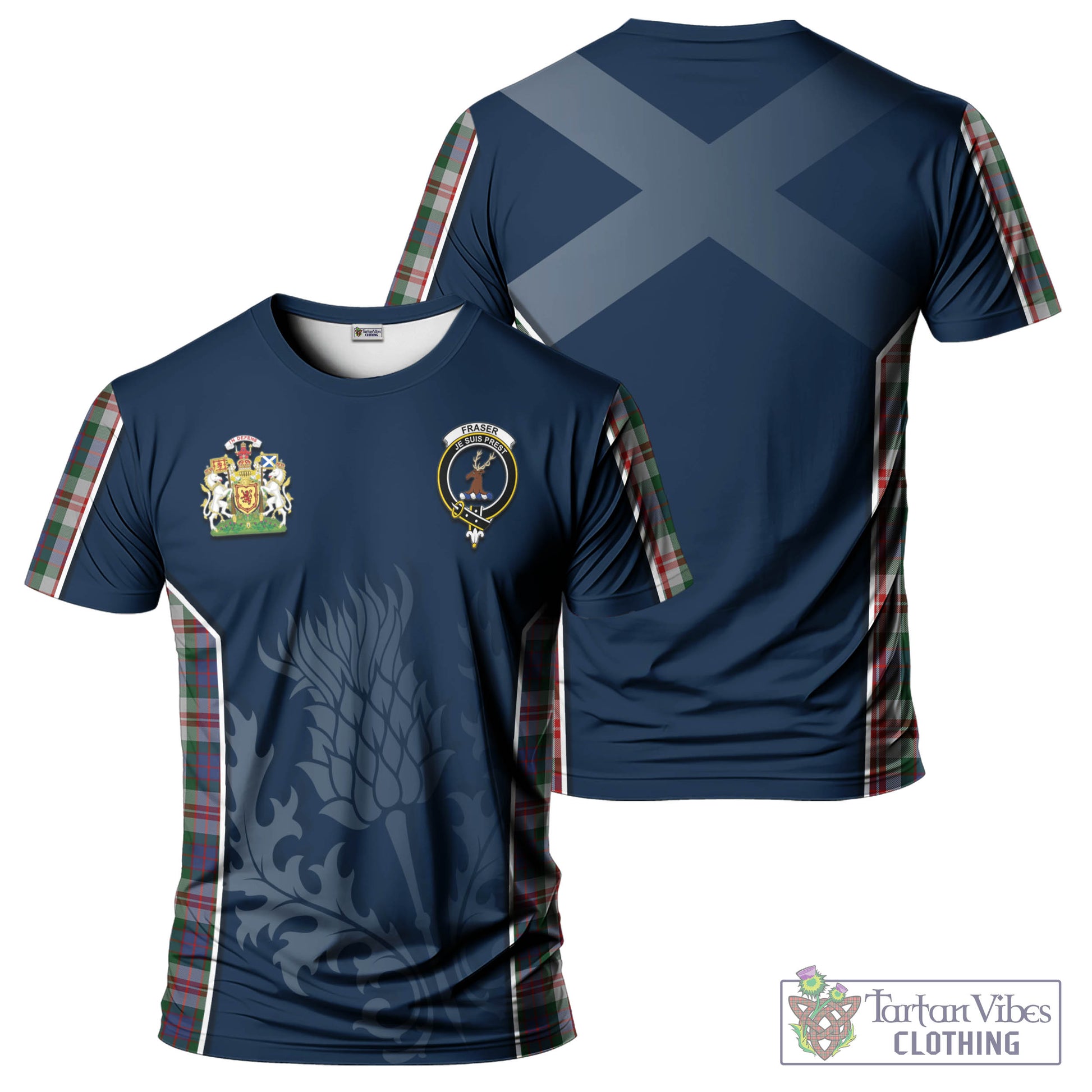 Tartan Vibes Clothing Fraser Red Dress Tartan T-Shirt with Family Crest and Scottish Thistle Vibes Sport Style