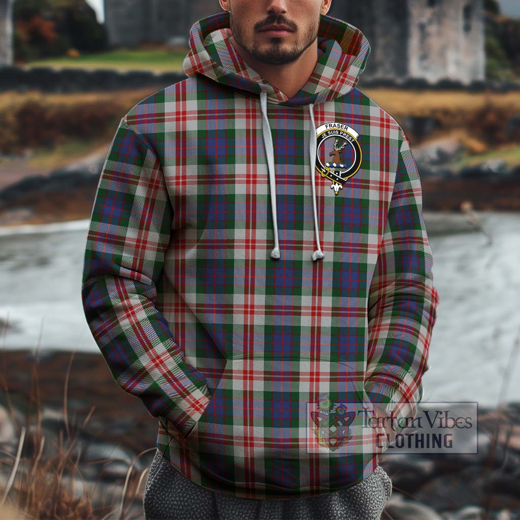 Tartan Vibes Clothing Fraser Red Dress Tartan Cotton Hoodie with Family Crest