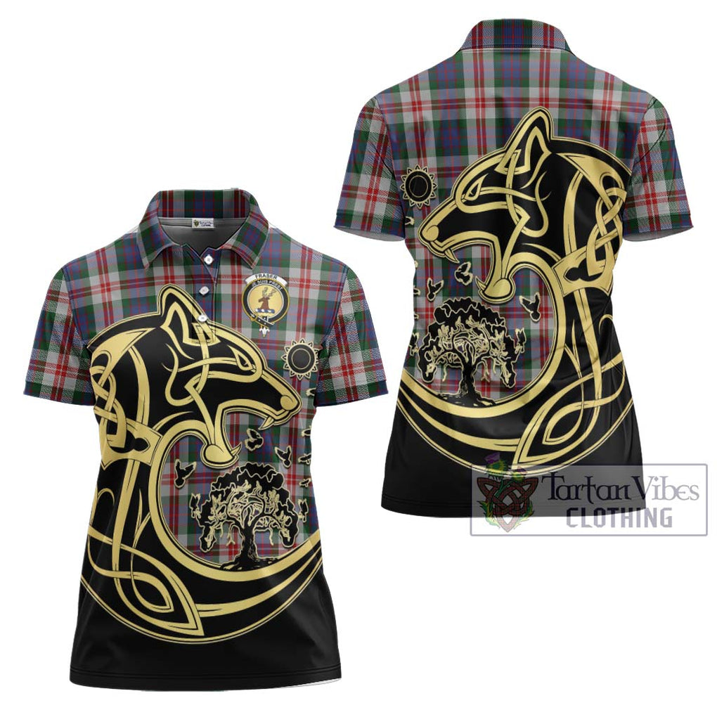 Fraser Red Dress Tartan Women's Polo Shirt with Family Crest Celtic Wolf Style Women - Tartanvibesclothing Shop