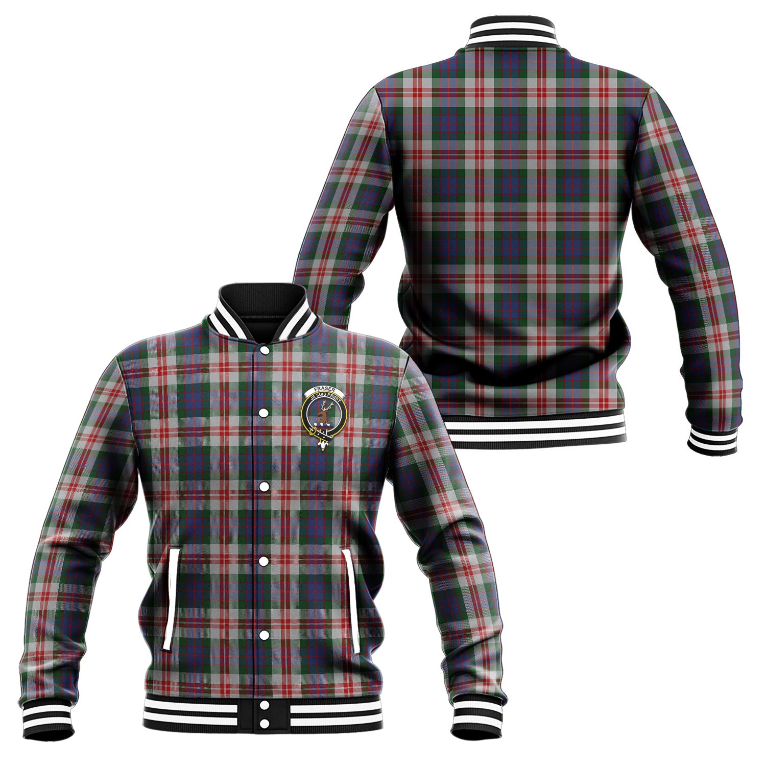 Fraser Red Dress Tartan Baseball Jacket with Family Crest Unisex - Tartan Vibes Clothing