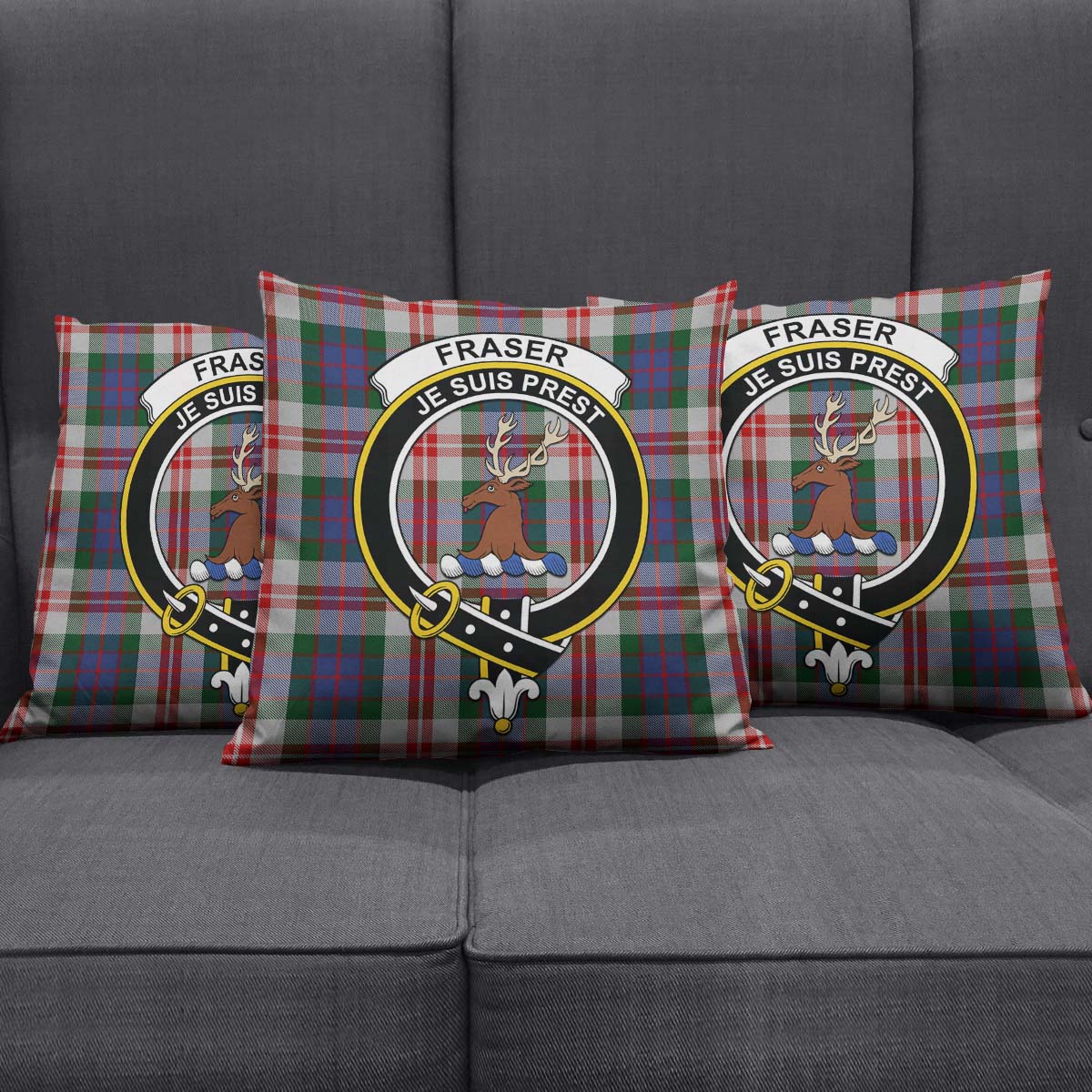 Fraser Red Dress Tartan Pillow Cover with Family Crest Square Pillow Cover - Tartanvibesclothing