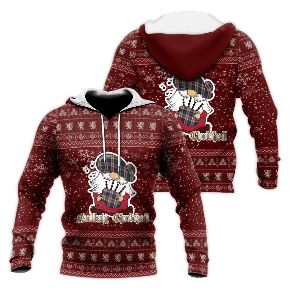 Fraser Red Dress Clan Christmas Knitted Hoodie with Funny Gnome Playing Bagpipes Red - Tartanvibesclothing