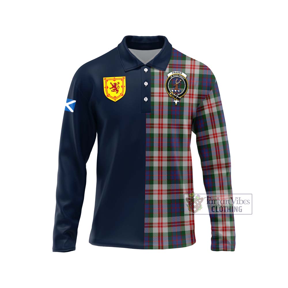 Tartan Vibes Clothing Fraser Red Dress Tartan Long Sleeve Polo Shirt with Scottish Lion Royal Arm Half Style