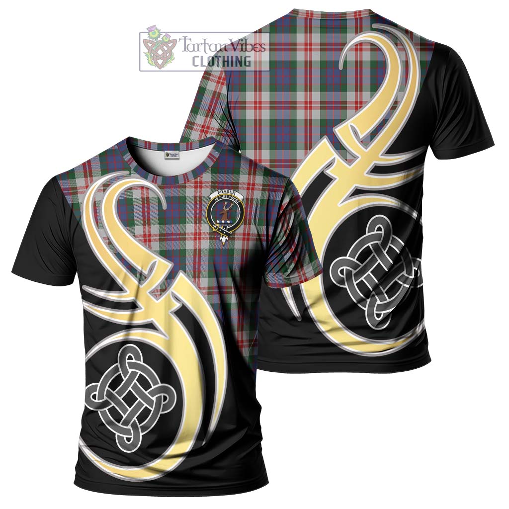 Tartan Vibes Clothing Fraser Red Dress Tartan T-Shirt with Family Crest and Celtic Symbol Style