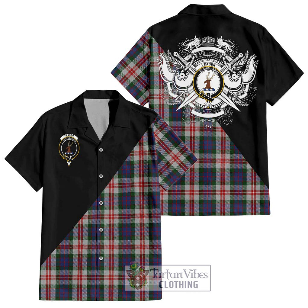 Fraser Red Dress Tartan Short Sleeve Button Shirt with Family Crest and Military Logo Style Kid - Tartanvibesclothing Shop