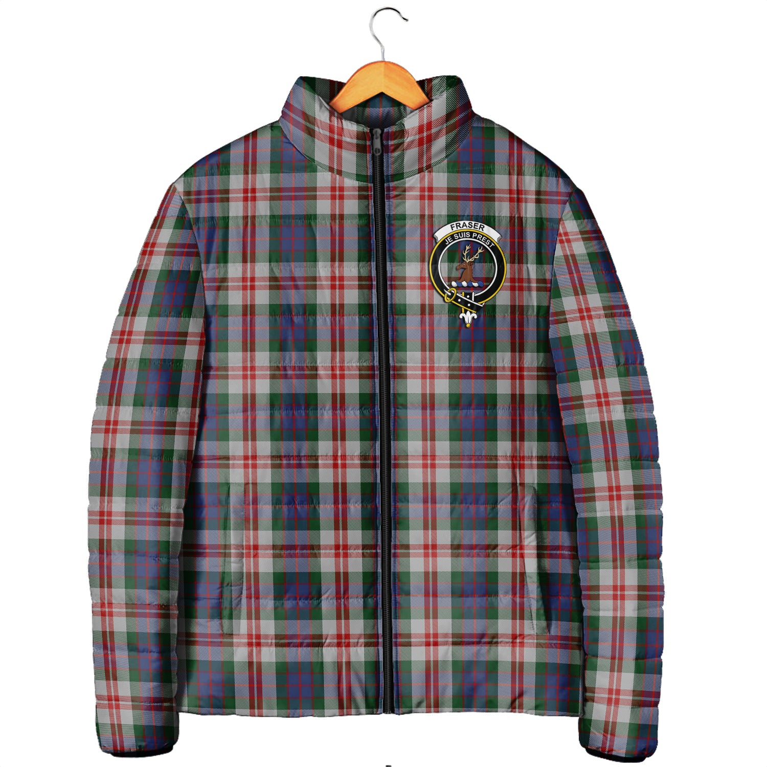 Fraser Red Dress Tartan Padded Jacket with Family Crest Men's Padded Jacket - Tartan Vibes Clothing