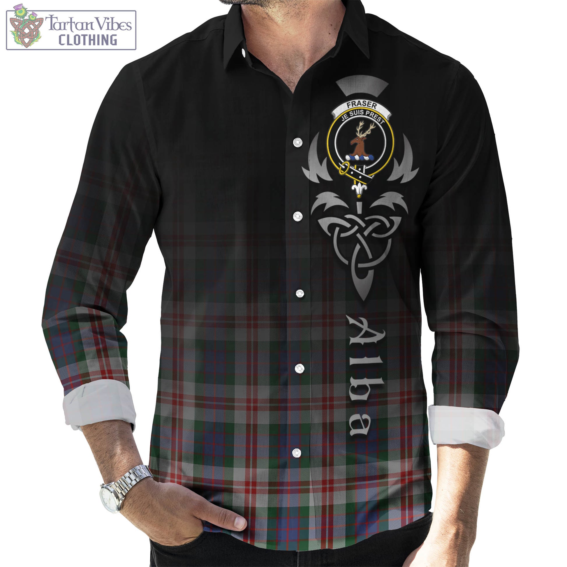 Tartan Vibes Clothing Fraser Red Dress Tartan Long Sleeve Button Up Featuring Alba Gu Brath Family Crest Celtic Inspired