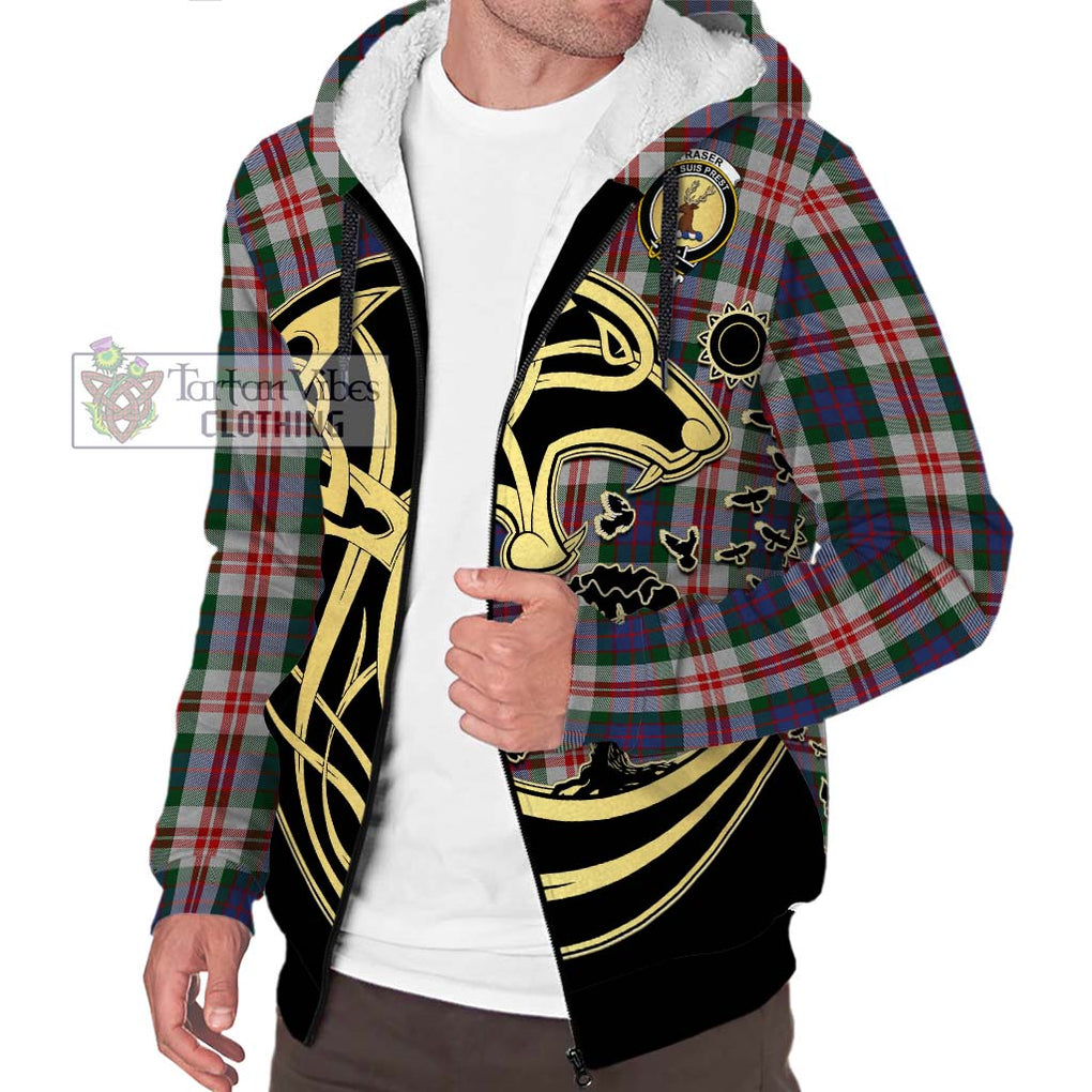 Fraser Red Dress Tartan Sherpa Hoodie with Family Crest Celtic Wolf Style Unisex S - Tartan Vibes Clothing