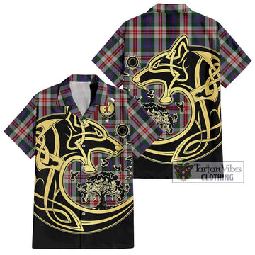 Fraser Red Dress Tartan Short Sleeve Button Shirt with Family Crest Celtic Wolf Style