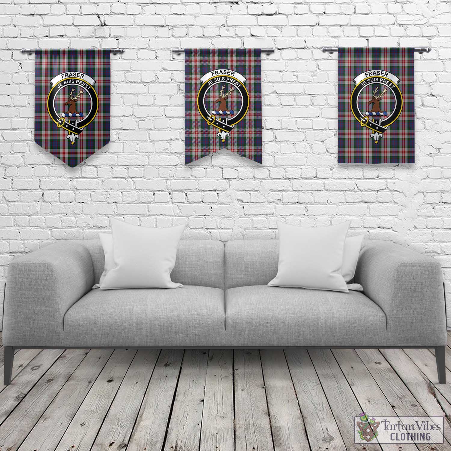 Tartan Vibes Clothing Fraser Red Dress Tartan Gonfalon, Tartan Banner with Family Crest