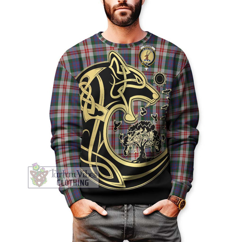 Fraser Red Dress Tartan Sweatshirt with Family Crest Celtic Wolf Style Unisex - Tartan Vibes Clothing