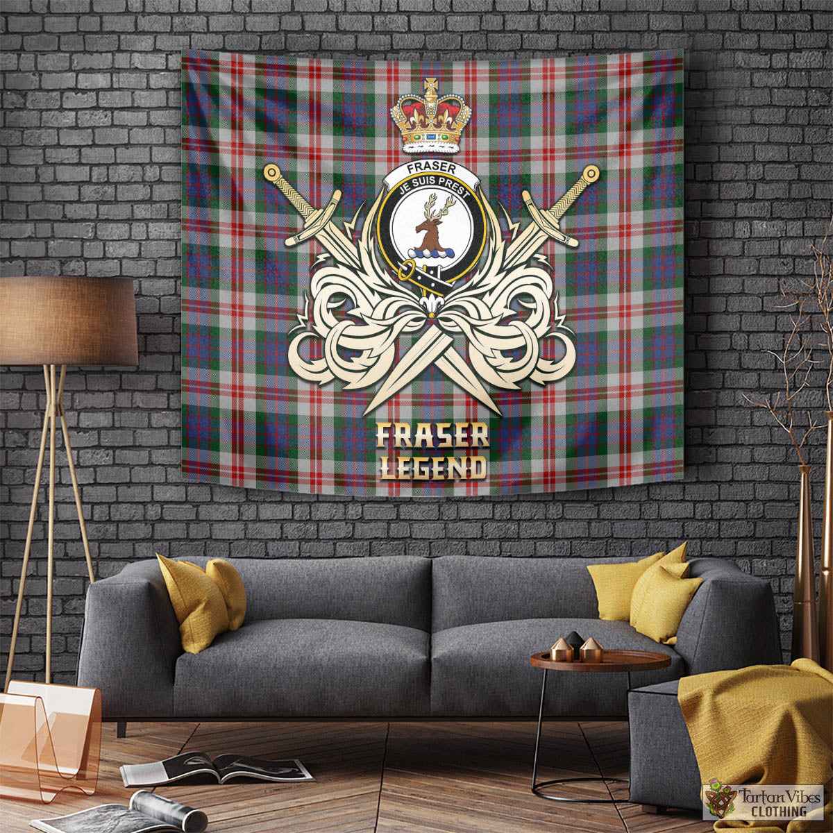 Tartan Vibes Clothing Fraser Red Dress Tartan Tapestry with Clan Crest and the Golden Sword of Courageous Legacy