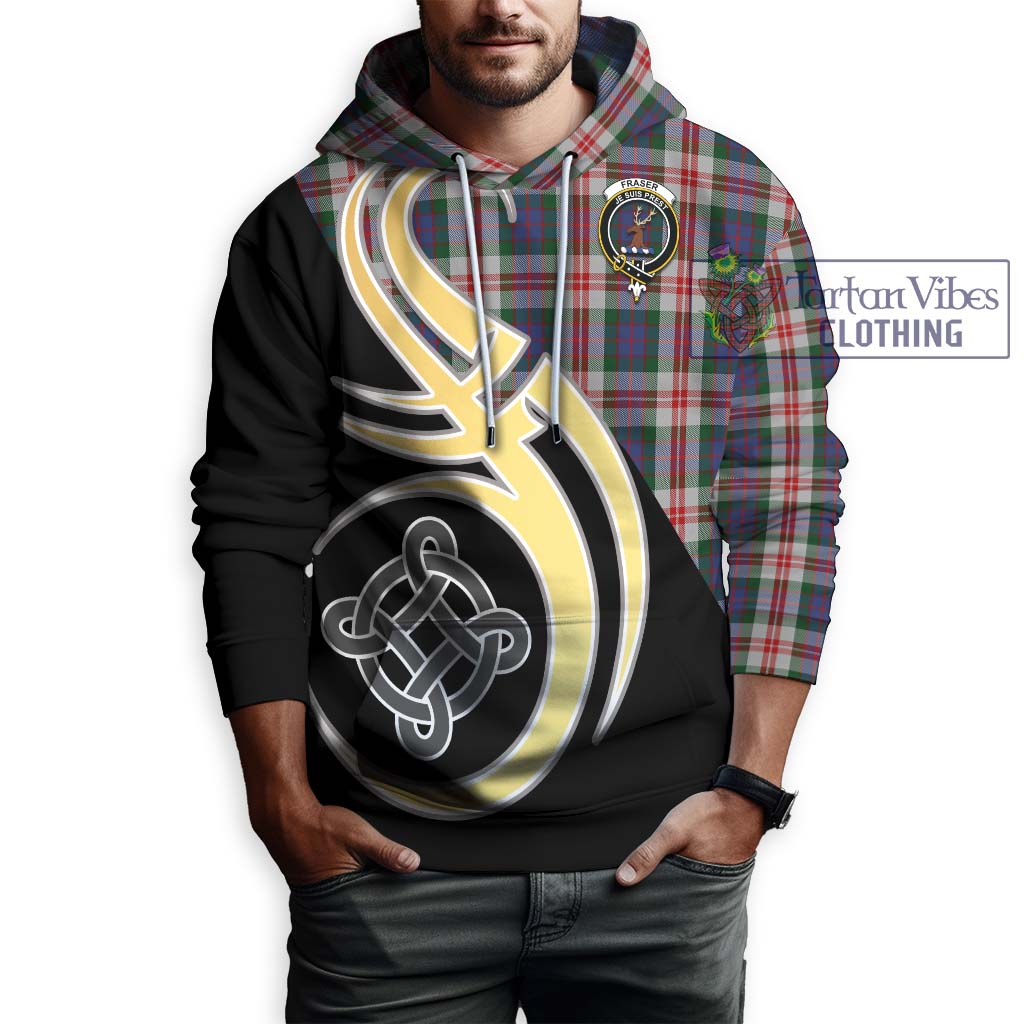 Fraser Red Dress Tartan Hoodie with Family Crest and Celtic Symbol Style Zip Hoodie - Tartan Vibes Clothing