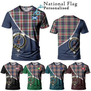 Fraser Red Dress Tartan T-Shirt with Personalised National Flag and Family Crest Half Style