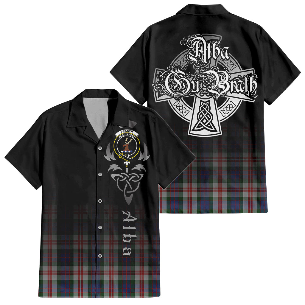 Tartan Vibes Clothing Fraser Red Dress Tartan Short Sleeve Button Up Featuring Alba Gu Brath Family Crest Celtic Inspired