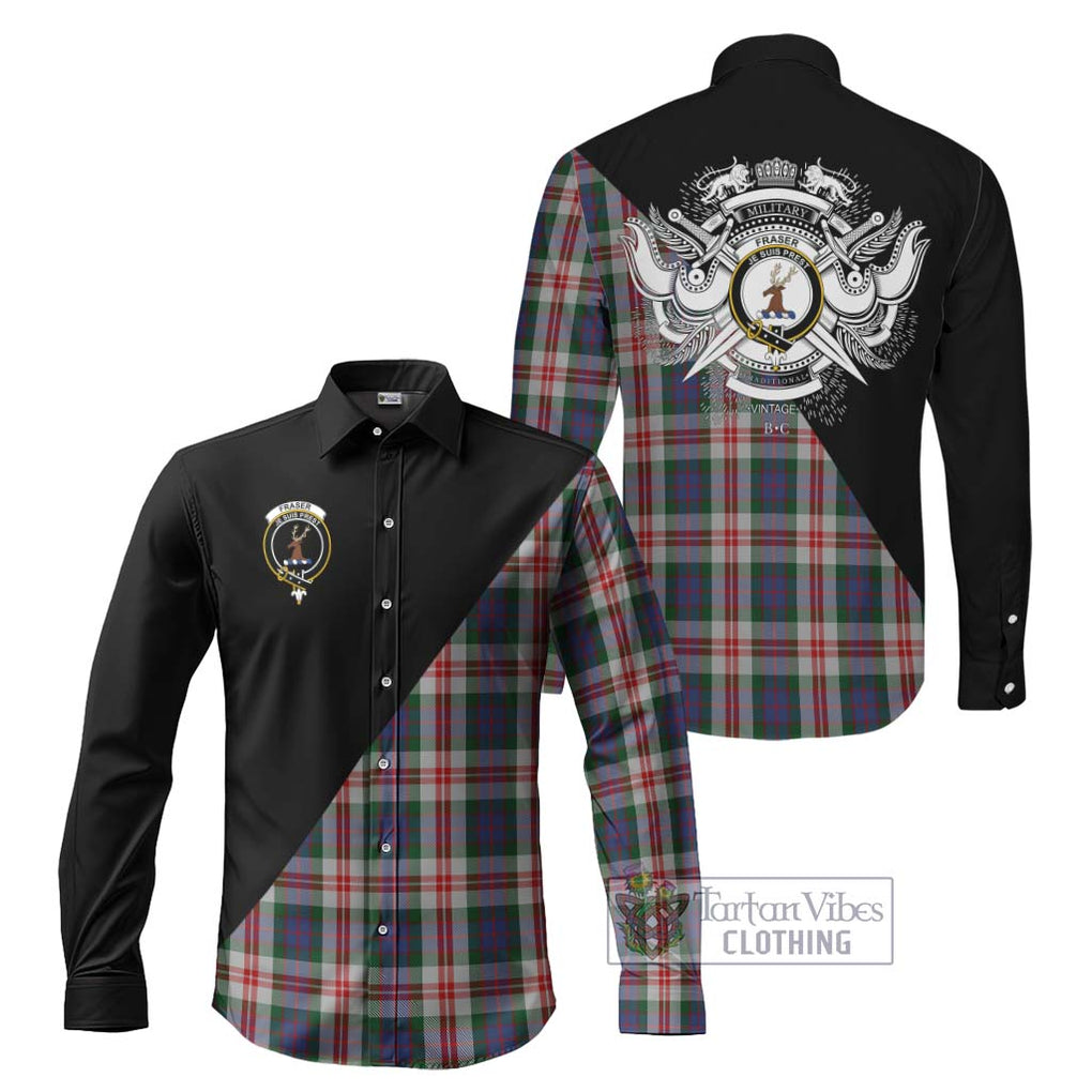 Fraser Red Dress Tartan Long Sleeve Button Shirt with Family Crest and Military Logo Style Men's Shirt S - Tartanvibesclothing Shop