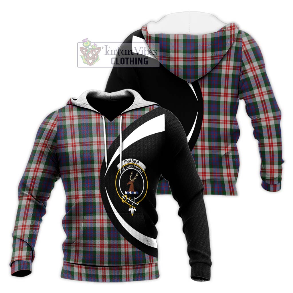 Fraser Red Dress Tartan Knitted Hoodie with Family Crest Circle Style Unisex Knitted Pullover Hoodie - Tartan Vibes Clothing