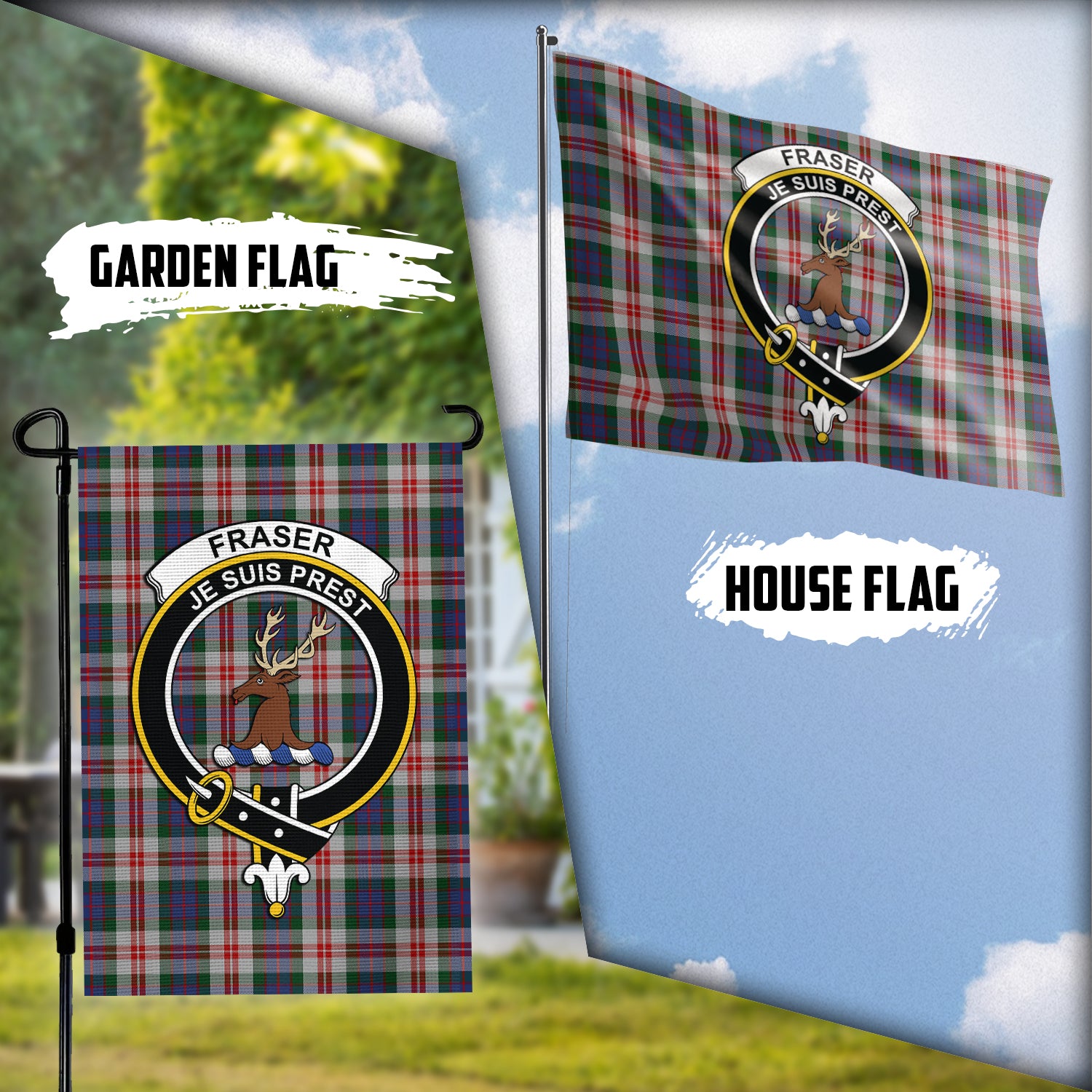 Fraser Red Dress Tartan Flag with Family Crest Garden Flag (Vertical) - Tartan Vibes Clothing