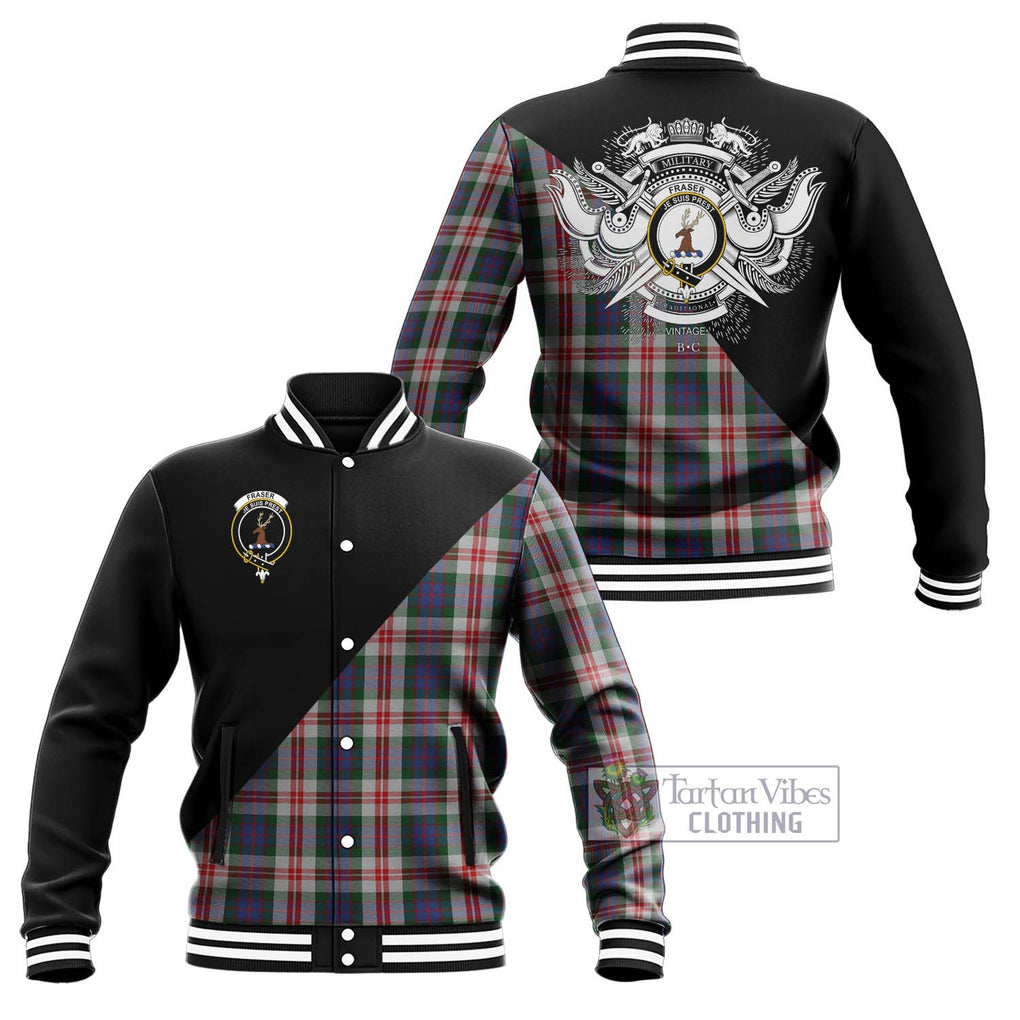 Fraser Red Dress Tartan Baseball Jacket with Family Crest and Military Logo Style Unisex - Tartanvibesclothing Shop