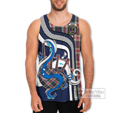 Fraser Red Dress Tartan Men's Tank Top with Epic Bagpipe Style