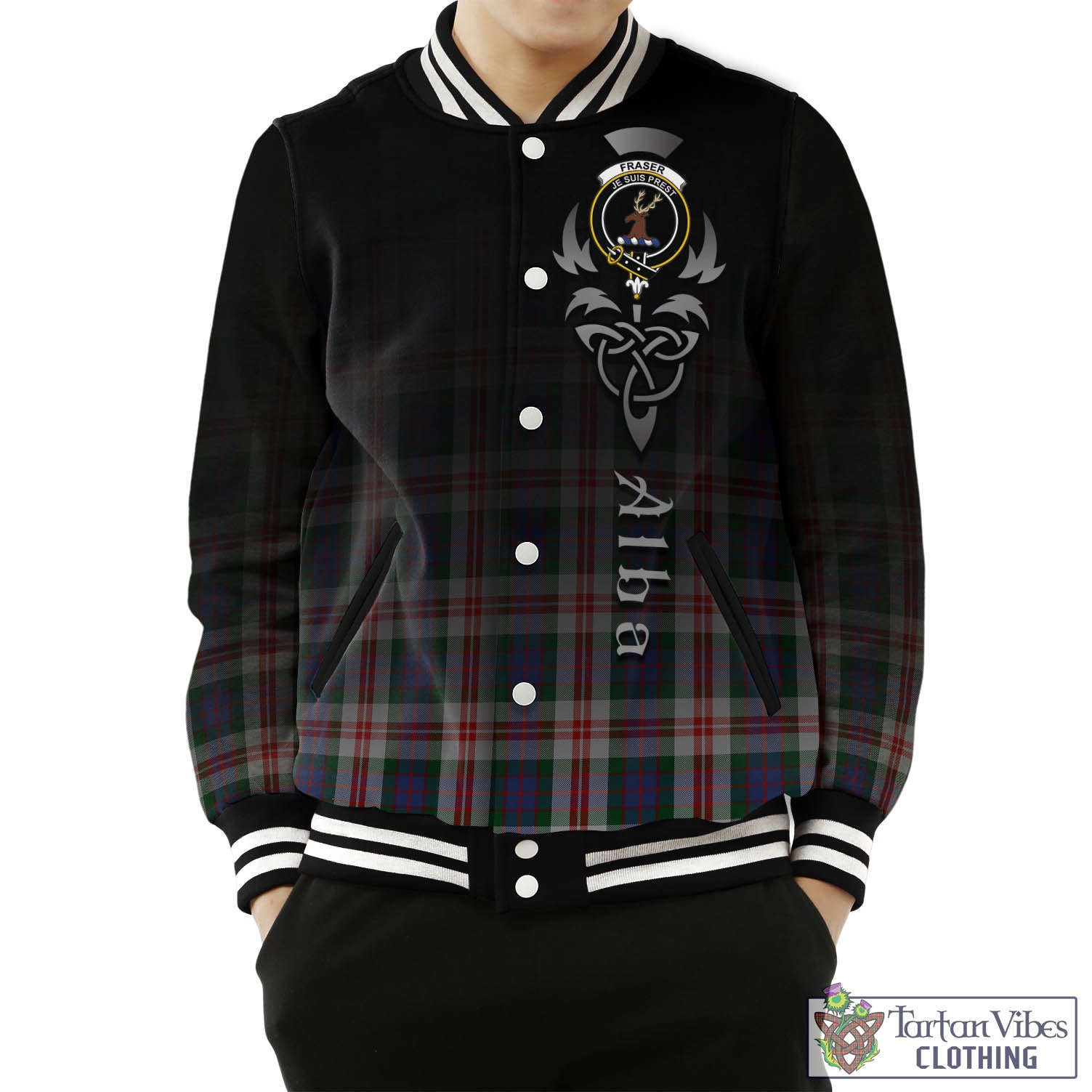 Tartan Vibes Clothing Fraser Red Dress Tartan Baseball Jacket Featuring Alba Gu Brath Family Crest Celtic Inspired